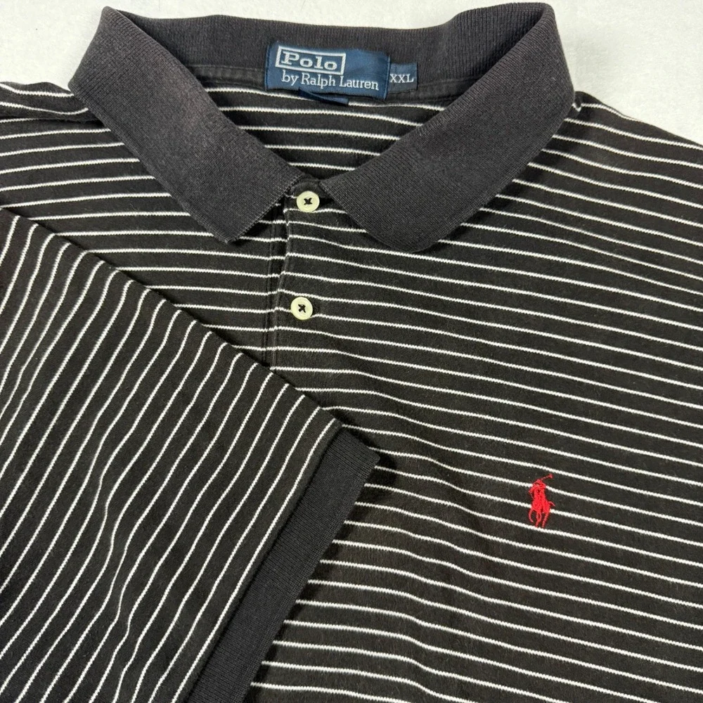 Polo Ralph Lauren Mens XXL Black White Striped Short Sleeve Polo Shirt Vintage